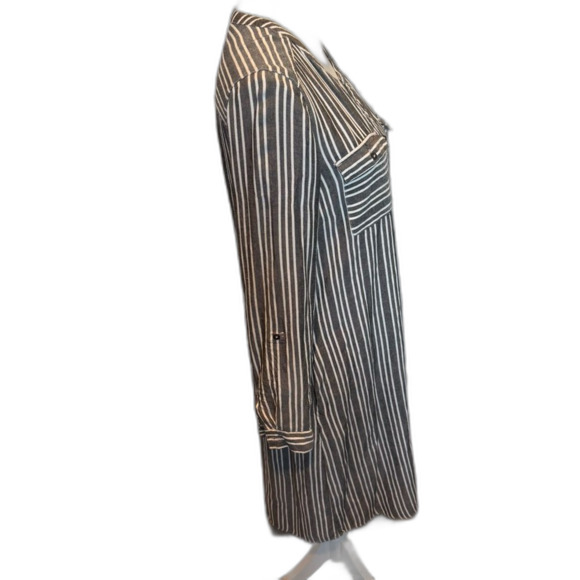 Downeast Shirt Dress Medium Button Front Charcoal White Stripe Pockets - Picture 3 of 8
